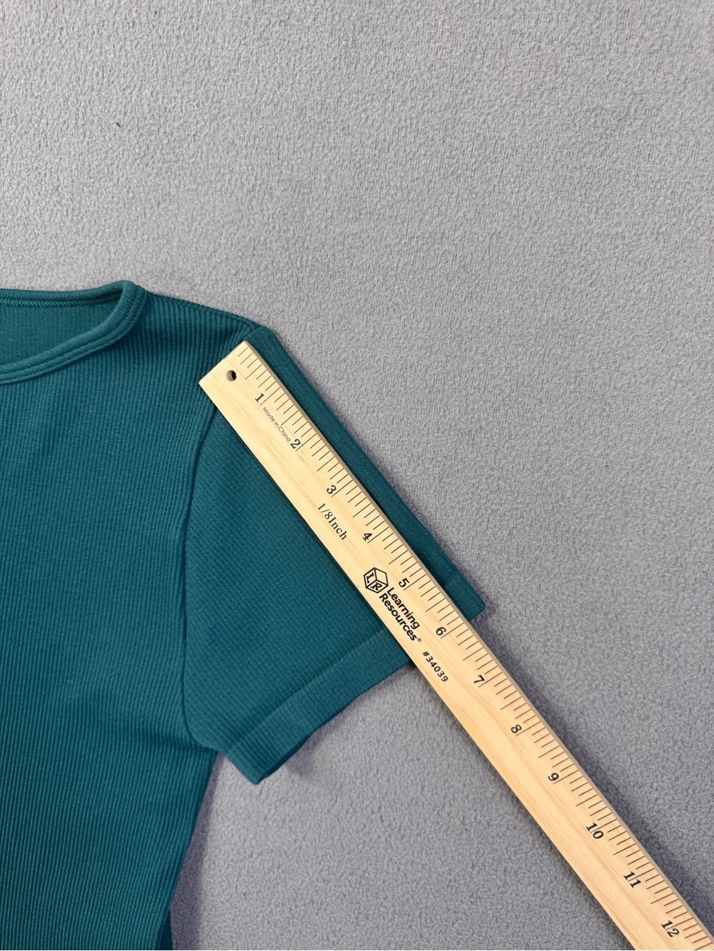 Teal Blue Short Sleeve T-Shirt Stretchy Crop Top with Asymmetric Cutout, M / L - Picture 7 of 8